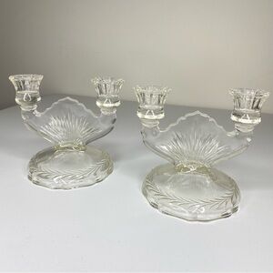 Vintage Pair Of Jeannette Sunburst Clear Glass Double Candelabras Art Deco